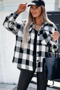 Best Dear-Lover Plaid Textured Flap Pocket Shacket Black