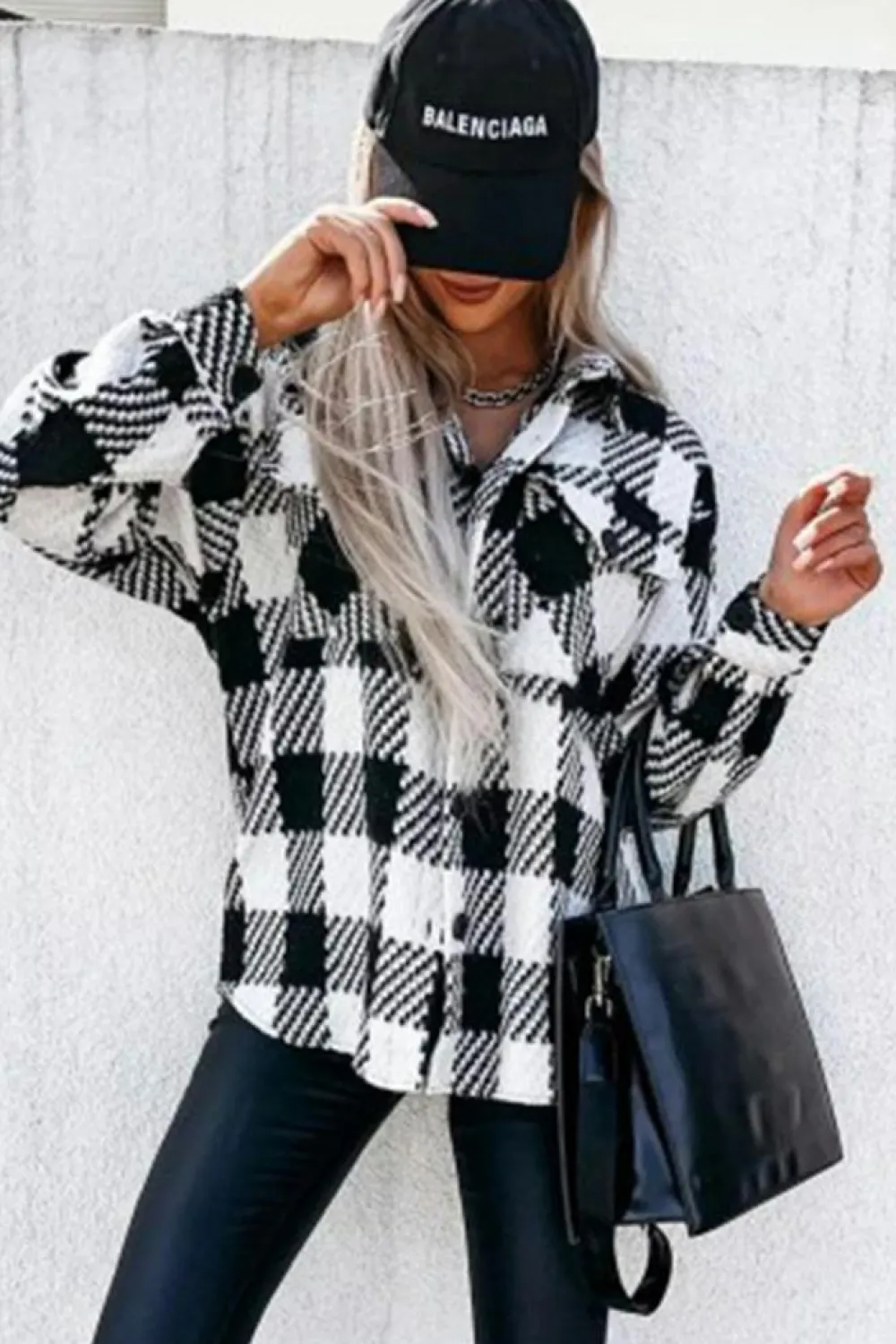 Best Dear-Lover Plaid Textured Flap Pocket Shacket Black