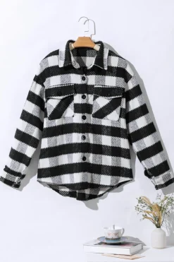 Best Dear-Lover Plaid Textured Flap Pocket Shacket Black