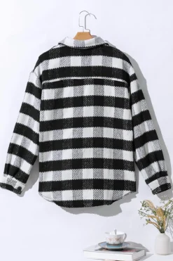 Best Dear-Lover Plaid Textured Flap Pocket Shacket Black