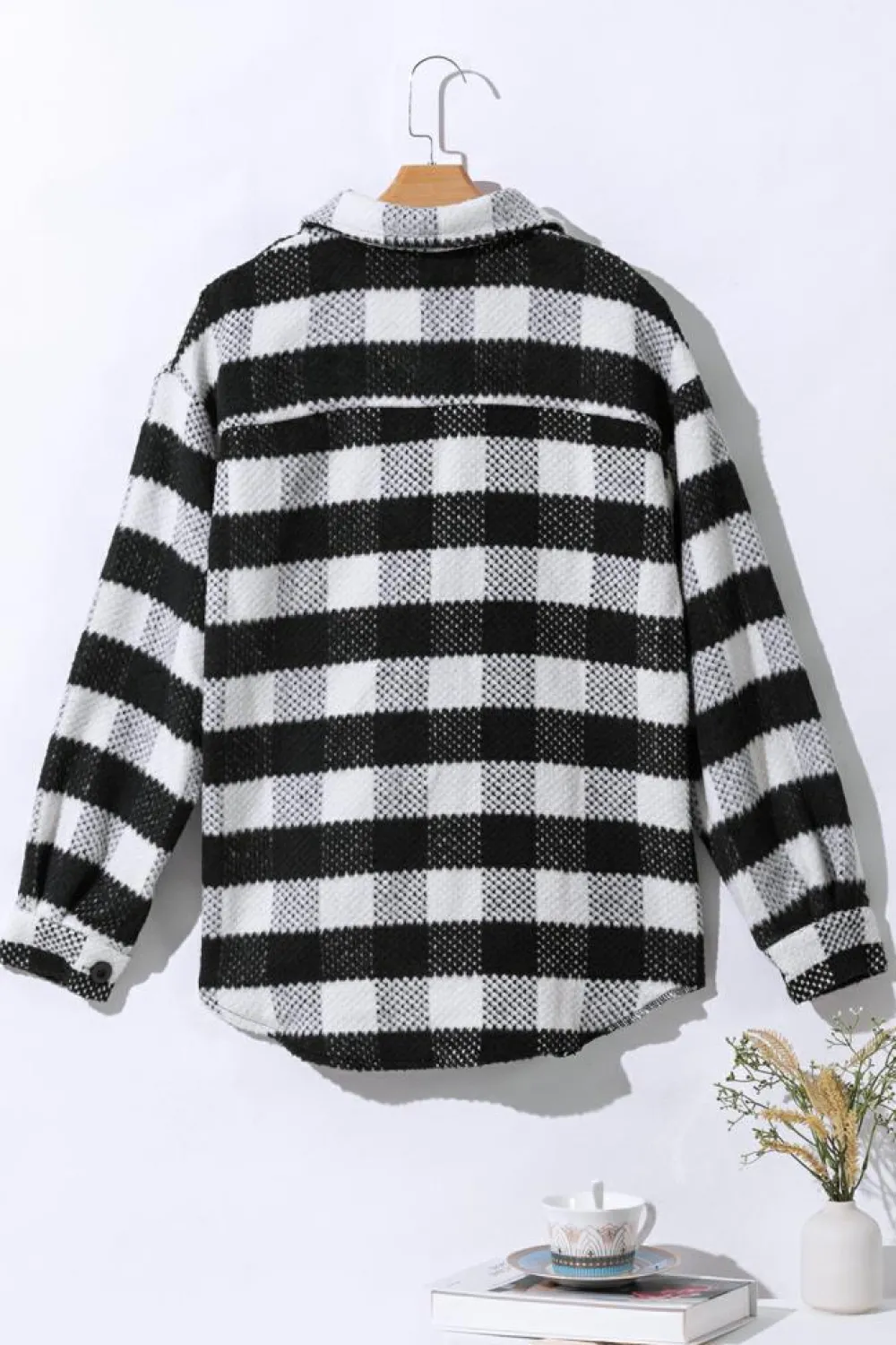 Best Dear-Lover Plaid Textured Flap Pocket Shacket Black
