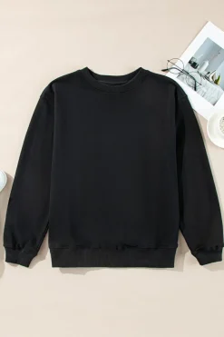 New Dear-Lover Plain Drop Shoulder Crewneck Pullover Sweatshirt Black