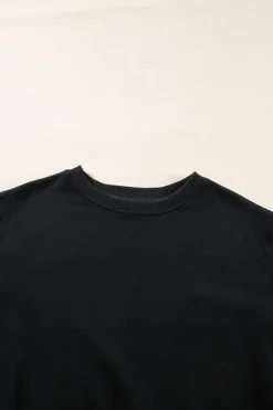 New Dear-Lover Plain Drop Shoulder Crewneck Pullover Sweatshirt Black