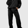 Fashion Dear-Lover Plain Half Zip V Neck Ribbed Edge Loose Tracksuit Black