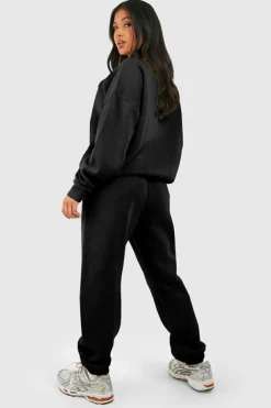 Fashion Dear-Lover Plain Half Zip V Neck Ribbed Edge Loose Tracksuit Black