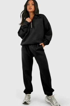 Fashion Dear-Lover Plain Half Zip V Neck Ribbed Edge Loose Tracksuit Black
