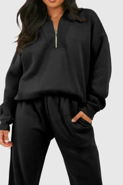 Fashion Dear-Lover Plain Half Zip V Neck Ribbed Edge Loose Tracksuit Black