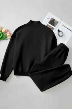 Fashion Dear-Lover Plain Half Zip V Neck Ribbed Edge Loose Tracksuit Black