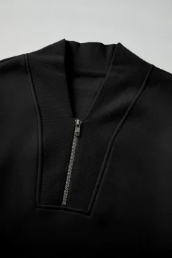 Fashion Dear-Lover Plain Half Zip V Neck Ribbed Edge Loose Tracksuit Black