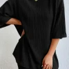 Online Dear-Lover Plain Ribbed Loose Fit Two Piece Lounge Set Black