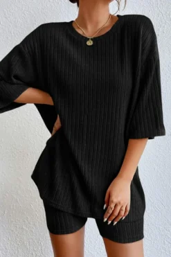 Online Dear-Lover Plain Ribbed Loose Fit Two Piece Lounge Set Black