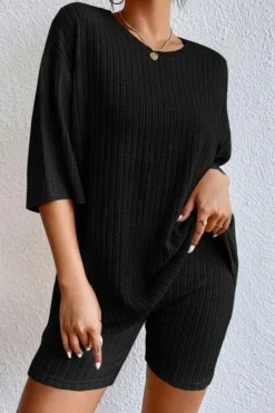 Online Dear-Lover Plain Ribbed Loose Fit Two Piece Lounge Set Black