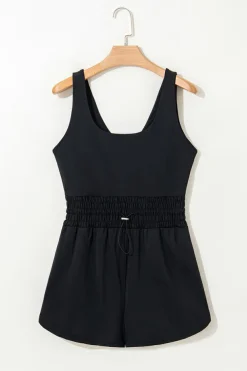 Sale Dear-Lover Plain Sleeveless Loop Drawstring Cinched Waist Romper Black