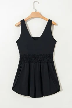 Sale Dear-Lover Plain Sleeveless Loop Drawstring Cinched Waist Romper Black