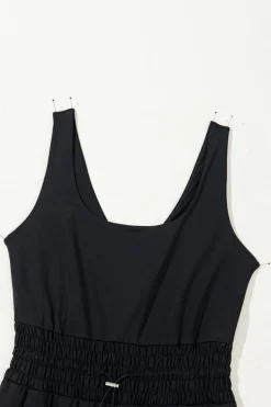 Sale Dear-Lover Plain Sleeveless Loop Drawstring Cinched Waist Romper Black