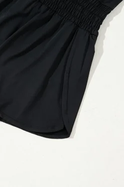 Sale Dear-Lover Plain Sleeveless Loop Drawstring Cinched Waist Romper Black