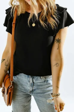 Discount Dear-Lover Plain Tiered Ruffled Short Sleeve T Shirt Black