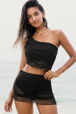 New Dear-Lover Pleated Mesh One Shoulder Bikini Top and Skirts Set Black
