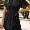 Best Dear-Lover Pleated Round Neck Butterfly Sleeve Ruffle Trim Belted Mini Dress Black