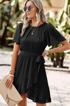 Best Dear-Lover Pleated Round Neck Butterfly Sleeve Ruffle Trim Belted Mini Dress Black