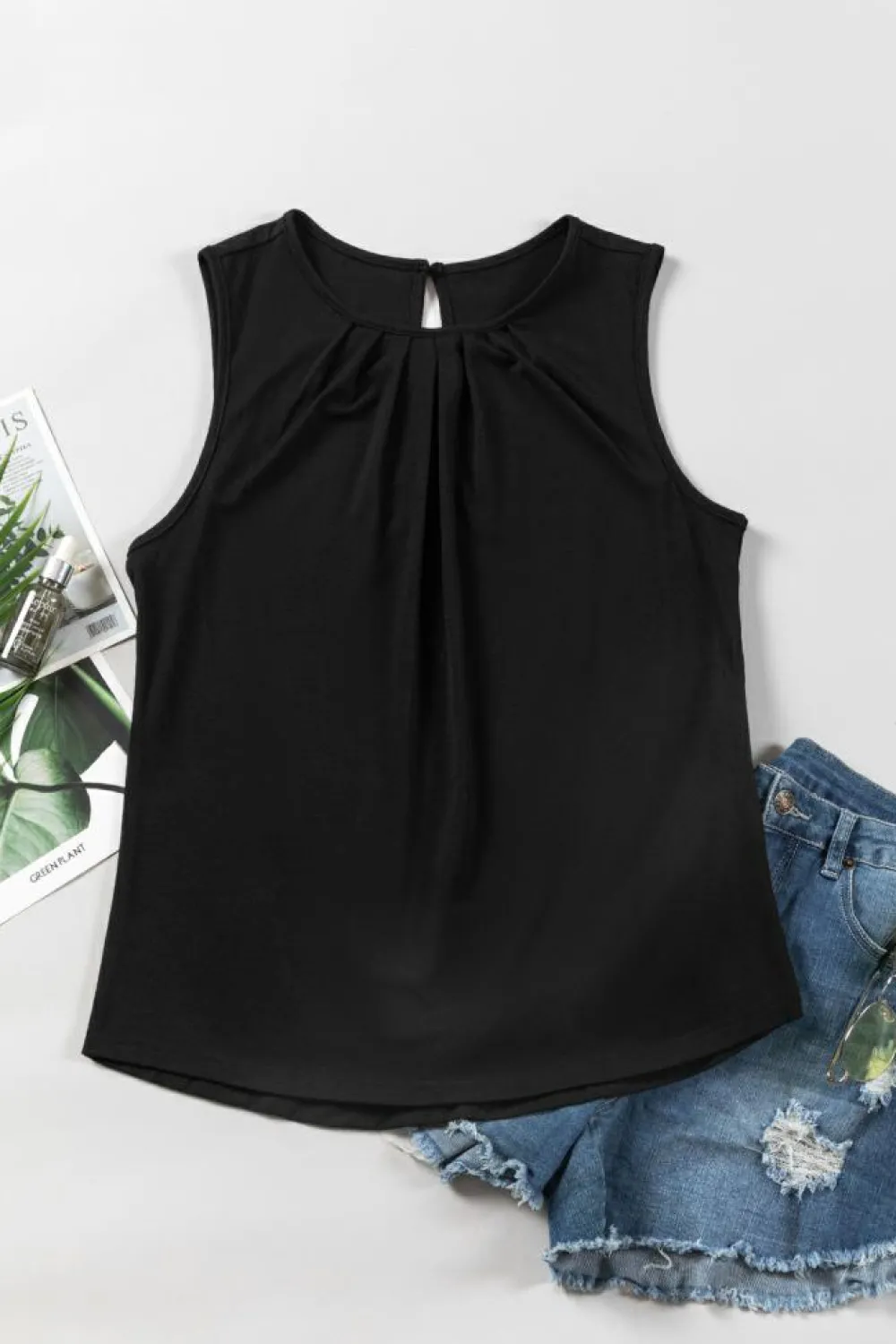 Clearance Dear-Lover Pleated Round Neck Sleeveless Top Black
