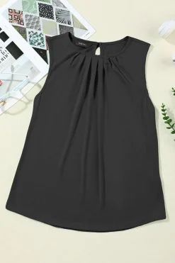 Clearance Dear-Lover Pleated Round Neck Sleeveless Top Black