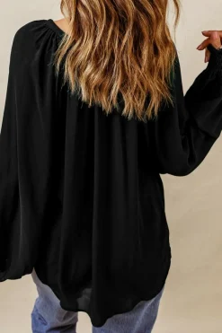 Best Dear-Lover Pleated V Neck Puffy Sleeve Blouse Black