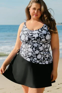 Hot Dear-Lover Plus Size Printed Square Neck Drawstring Ruffled Tankini Set Black