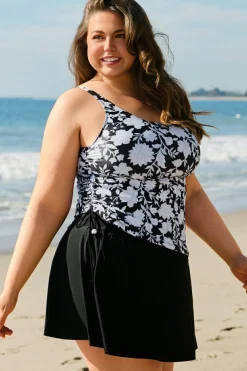Hot Dear-Lover Plus Size Printed Square Neck Drawstring Ruffled Tankini Set Black