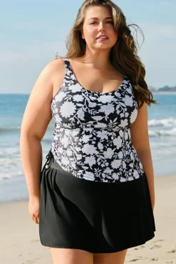 Hot Dear-Lover Plus Size Printed Square Neck Drawstring Ruffled Tankini Set Black