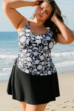 Hot Dear-Lover Plus Size Printed Square Neck Drawstring Ruffled Tankini Set Black