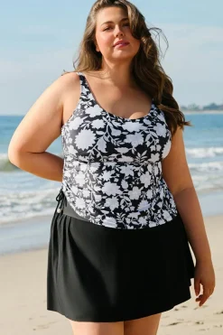 Hot Dear-Lover Plus Size Printed Square Neck Drawstring Ruffled Tankini Set Black
