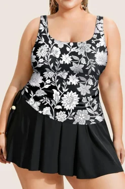 Hot Dear-Lover Plus Size Printed Square Neck Drawstring Ruffled Tankini Set Black
