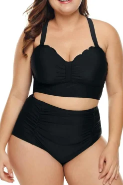 Discount Dear-Lover Plus Size Scalloped Detail High Waist Bikini Swimsuit Black