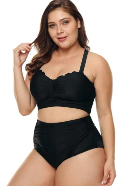 Discount Dear-Lover Plus Size Scalloped Detail High Waist Bikini Swimsuit Black