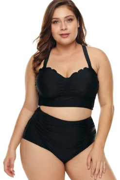 Discount Dear-Lover Plus Size Scalloped Detail High Waist Bikini Swimsuit Black