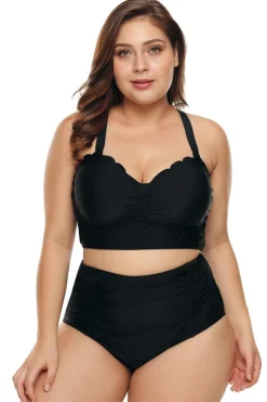 Discount Dear-Lover Plus Size Scalloped Detail High Waist Bikini Swimsuit Black