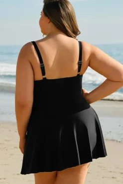 New Dear-Lover Plus Size Solid Pleated Ruffled One Piece Swim Dress Black