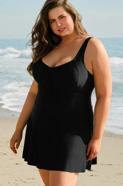New Dear-Lover Plus Size Solid Pleated Ruffled One Piece Swim Dress Black