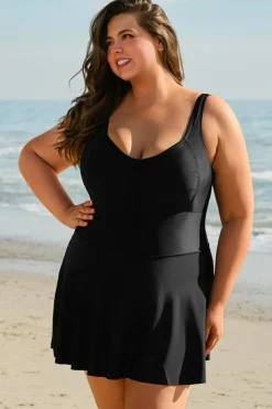 New Dear-Lover Plus Size Solid Pleated Ruffled One Piece Swim Dress Black