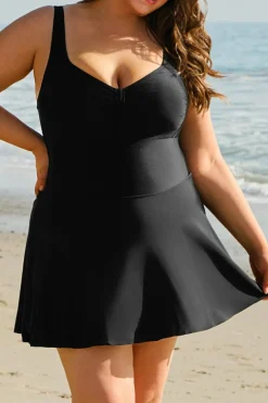 New Dear-Lover Plus Size Solid Pleated Ruffled One Piece Swim Dress Black