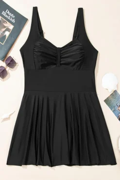 New Dear-Lover Plus Size Solid Pleated Ruffled One Piece Swim Dress Black