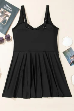 New Dear-Lover Plus Size Solid Pleated Ruffled One Piece Swim Dress Black