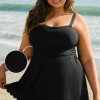 Fashion Dear-Lover Plus Size Textured Scalloped Trim Swim Dress with Panty Black