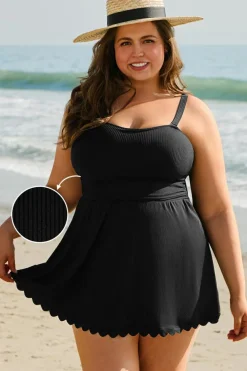 Fashion Dear-Lover Plus Size Textured Scalloped Trim Swim Dress with Panty Black