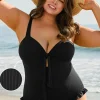 Clearance Dear-Lover Plus Size Textured Knotted Ruffled Trim One Piece Swimwear Black