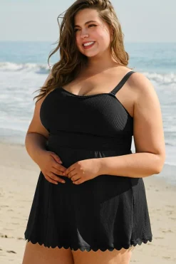 Fashion Dear-Lover Plus Size Textured Scalloped Trim Swim Dress with Panty Black