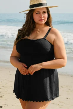 Fashion Dear-Lover Plus Size Textured Scalloped Trim Swim Dress with Panty Black