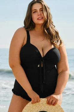 Clearance Dear-Lover Plus Size Textured Knotted Ruffled Trim One Piece Swimwear Black