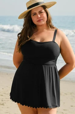 Fashion Dear-Lover Plus Size Textured Scalloped Trim Swim Dress with Panty Black